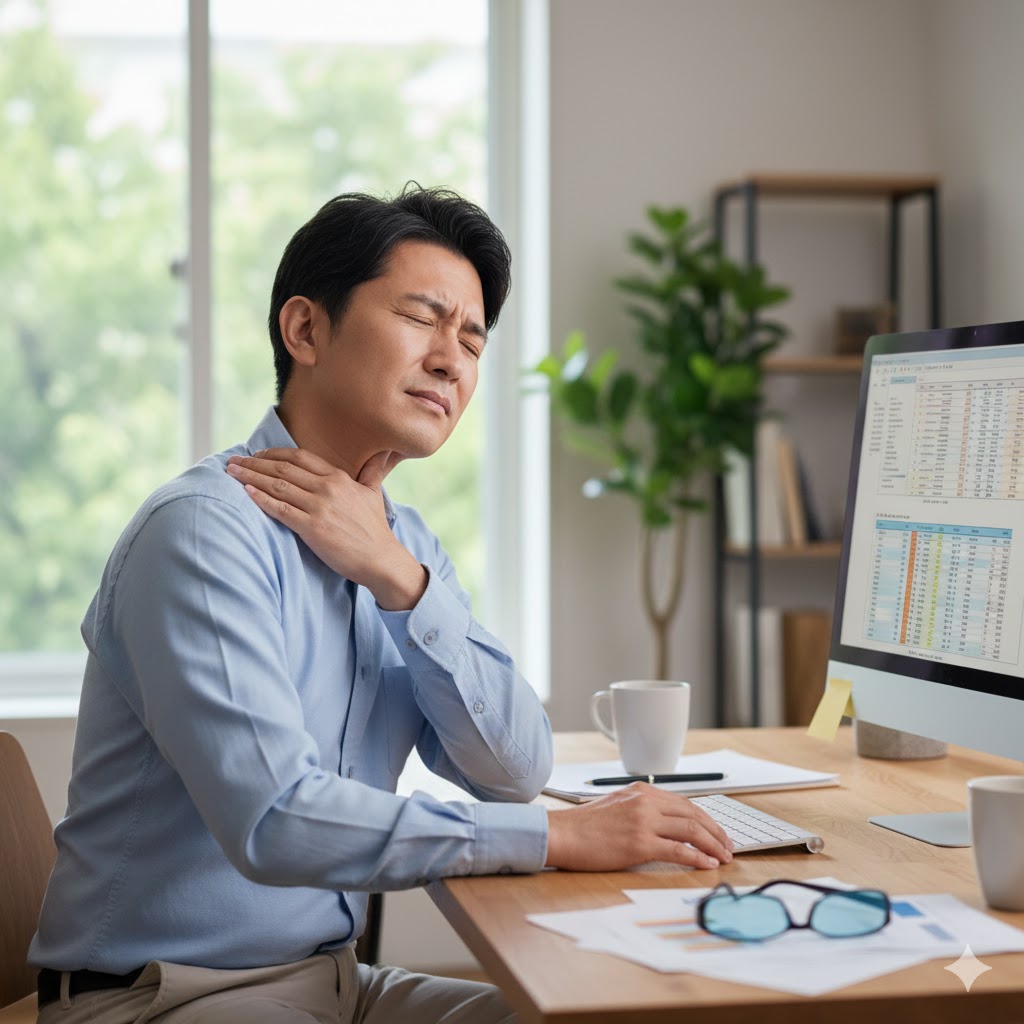 四日市　デスクワークの男性　肩こり